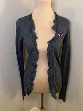 Share Hollister Gray Ruffle Open Front Cardigan Size S 100% Cotton Sweater Open